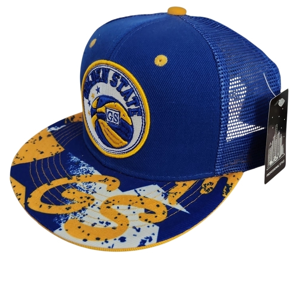 Golden State Blue And Yellow Snapback Hat Mesh Trucker Cap With Basketball Logo - Picture 2 of 7
